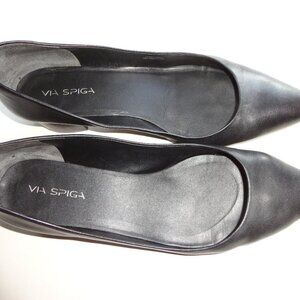 VIA SPIGA 12M GUERVIE Black Leather Block Heel Pointy Toe Pumps Toe Cleavage GUC